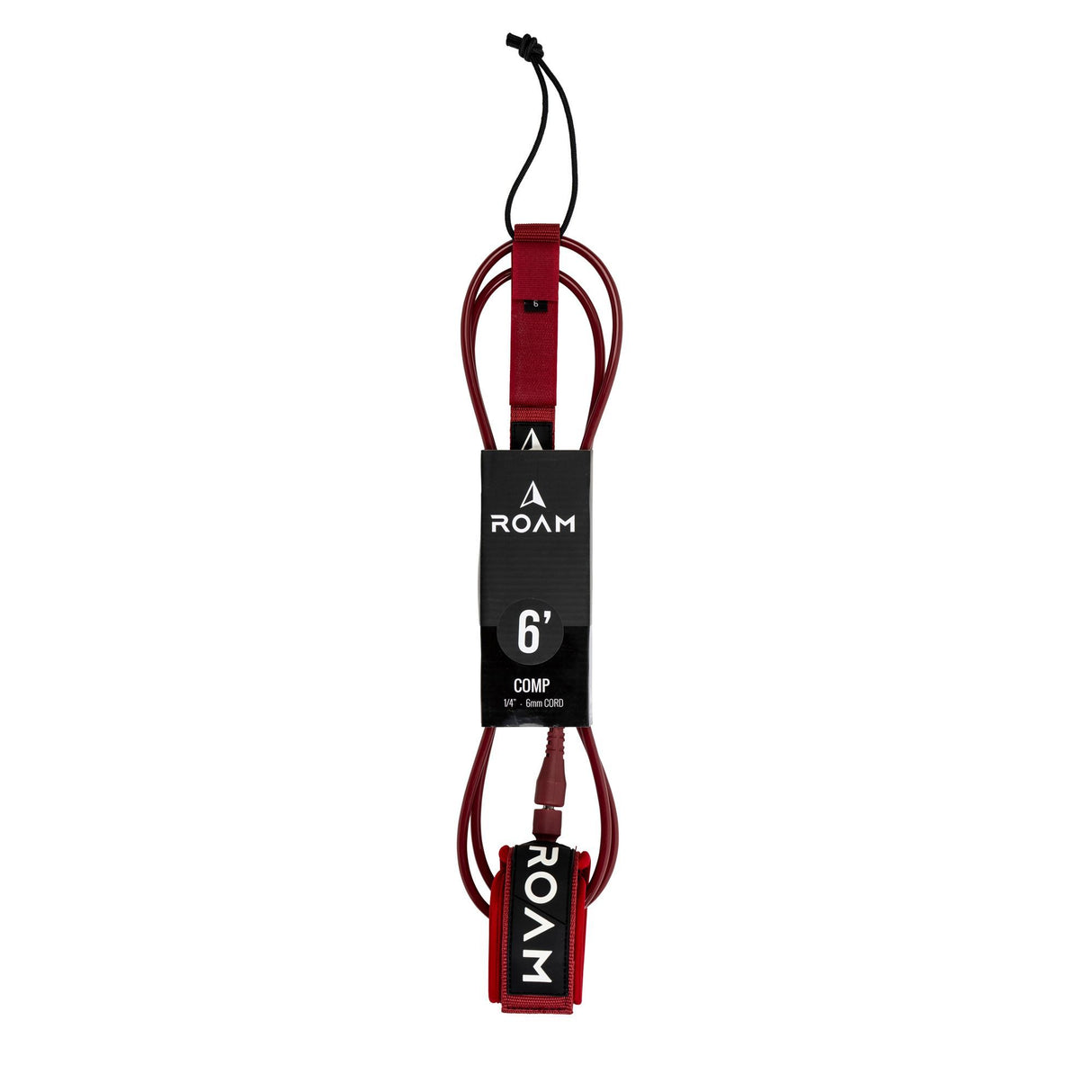 ROAM Surfboard Leash Comp 6' Burgunderrot mit schwarzem Cuff und Verschluss, Produktansicht von vorne