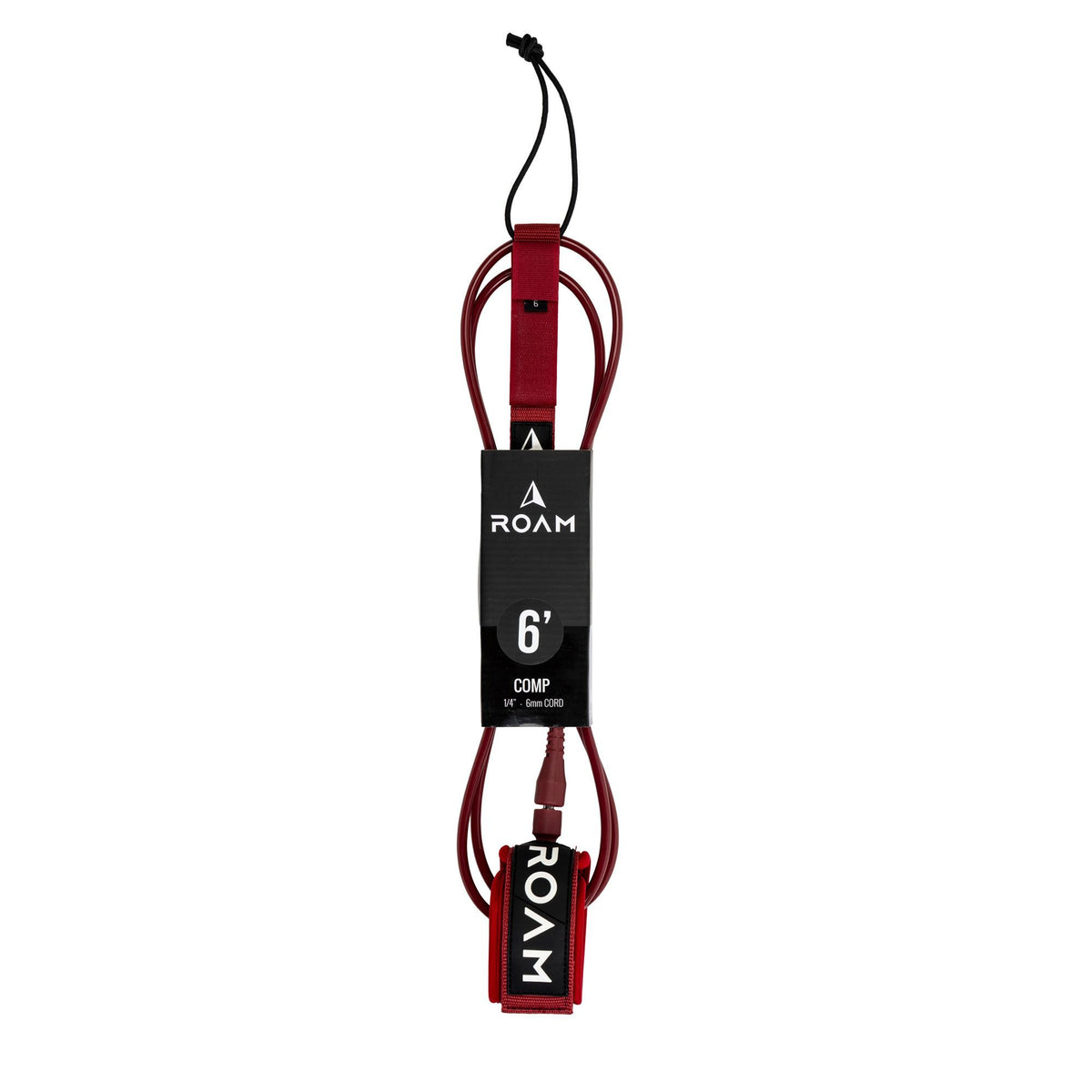 ROAM Surfboard Leash Comp 6' Burgunderrot mit schwarzem Cuff und Verschluss, Produktansicht von vorne