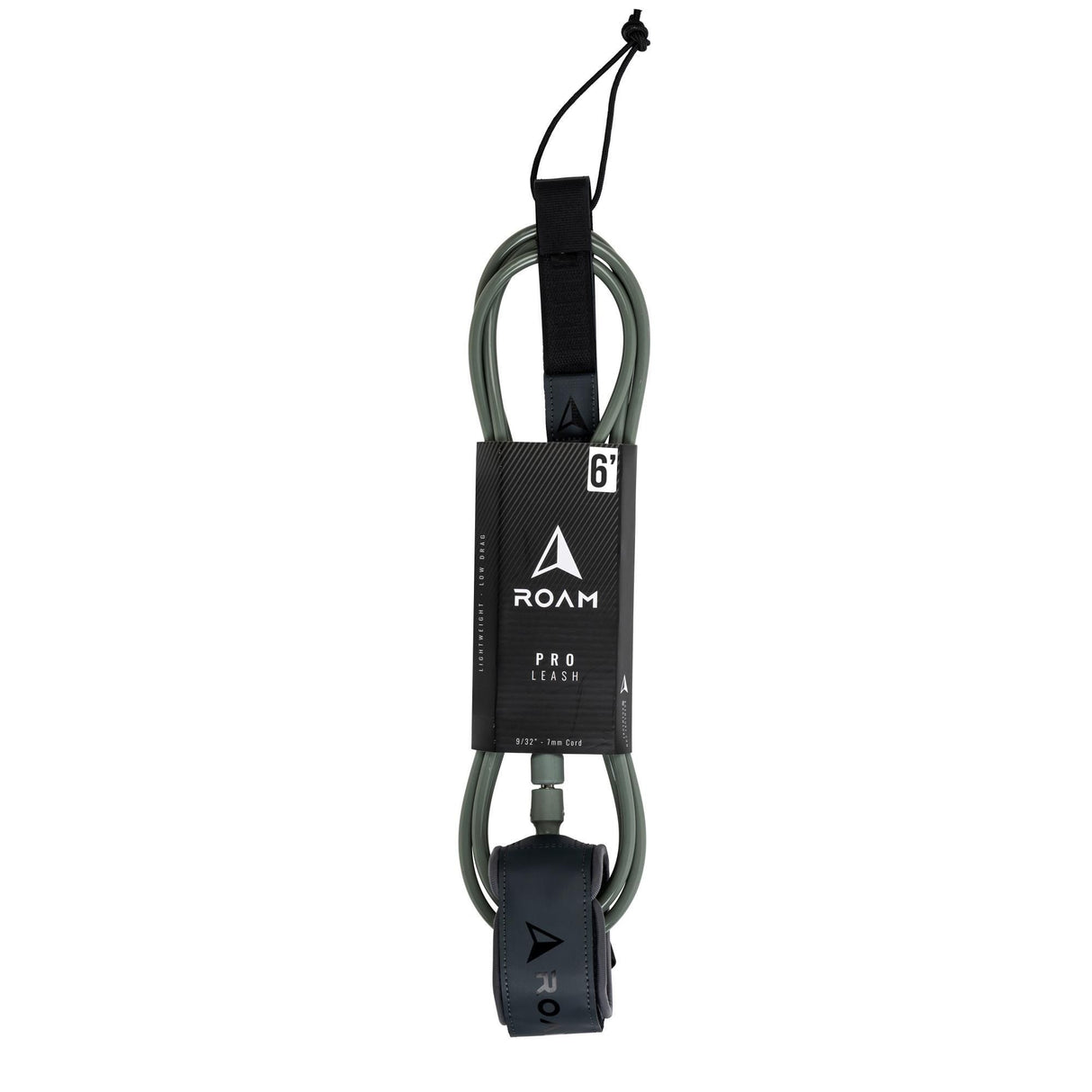ROAM Surfboard Leash PRO in Grau-Schwarz mit Neopren-Sleeve, Befestigungsbändern und Fußmanschette, Frontalansicht