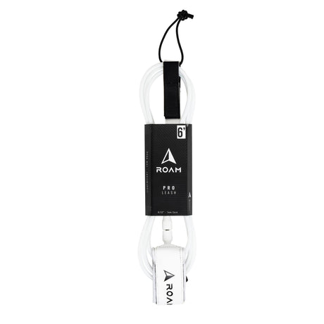 ROAM Surfboard Leash PRO weiß-schwarz mit Neopren-Manschette und Befestigungsschlaufe, Frontansicht