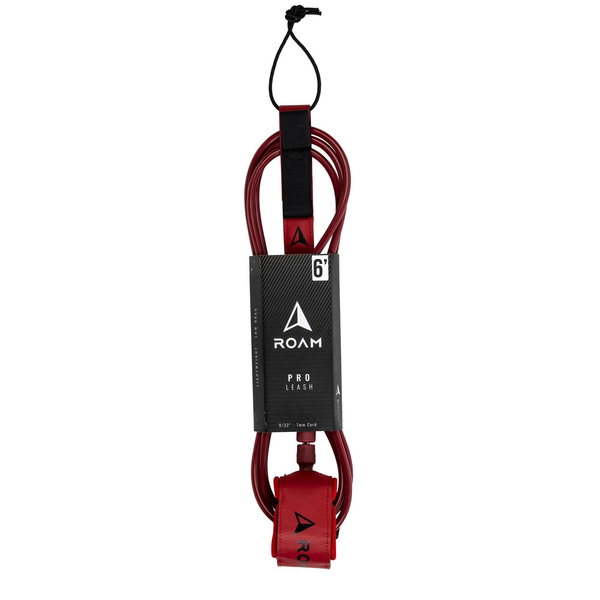 ROAM Surfboard Leash PRO, burgunderrot und schwarz, Neopren-Manschette, Verbindungsleine mit Ankle-Cuff, Frontalansicht