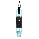 ROAM Surfboard Leash PRO, hellblau mit schwarzem Neopren-Strap und Fußmanschette, Frontansicht der verpackten Leine