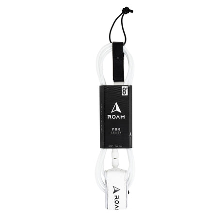 ROAM Surfboard Leash PRO weiß schwarz, 8 Fuß, Polyurethan-Kern mit schwarzem Neopren-Cuff, Frontalansicht