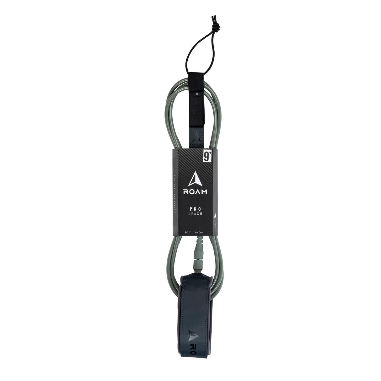 ROAM Surfboard Leash PRO, schwarz, Neopren und Polyurethan, mit Befestigungsschlaufe und Fußmanschette, Frontansicht