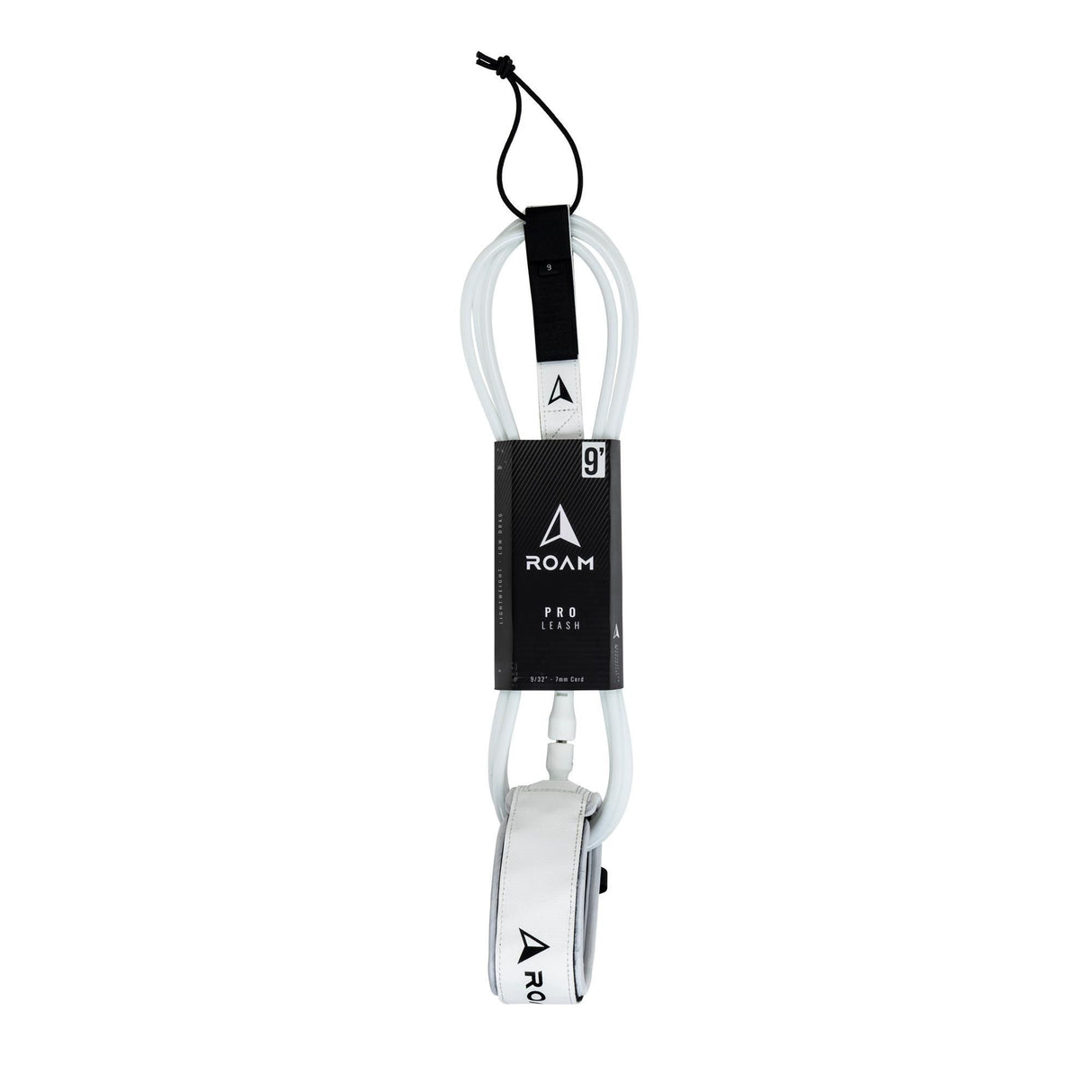 ROAM Surfboard Leash PRO, transparent Polyurethan-Leine mit schwarzem Neopren-Wickel und weißem Fußband, Frontalansicht