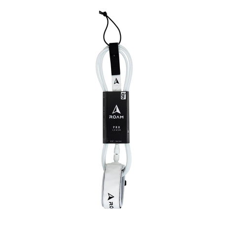 ROAM Surfboard Leash PRO, transparent Polyurethan-Leine mit schwarzem Neopren-Wickel und weißem Fußband, Frontalansicht