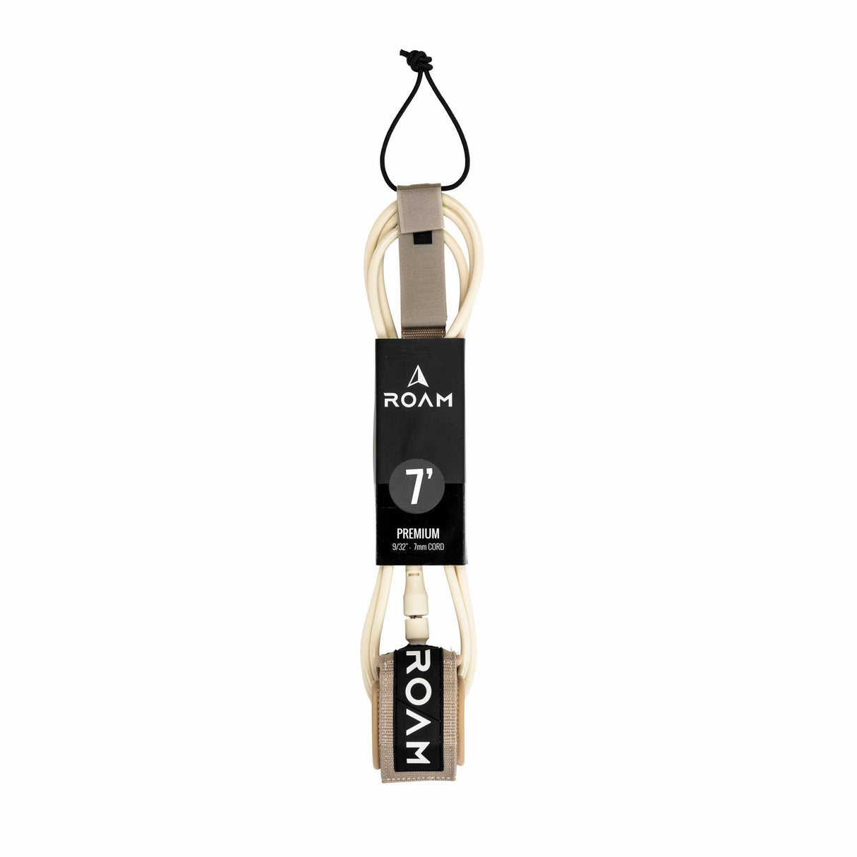Roam Surfboard Leash Premium, 7 Fuß, beige Neopren mit schwarzen Manschetten und Loop-Verschlüssen, Frontalansicht