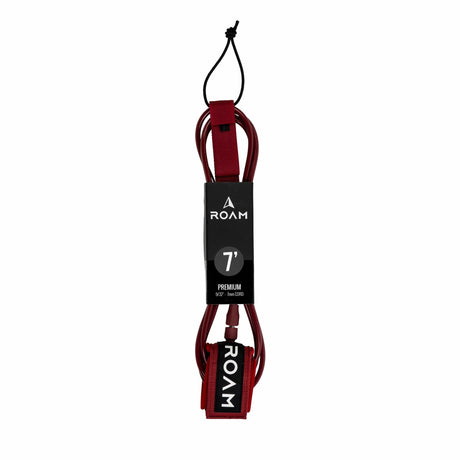 Roam Surfboard Leash Premium 7' in Burgunderrot mit schwarzem Label, Frontalansicht