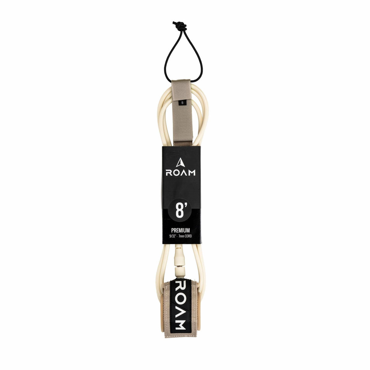 Roam Surfboard Leash Premium 8' in Creme mit schwarzen Details, Frontalansicht der kompletten Leine mit Befestigungsschlaufen