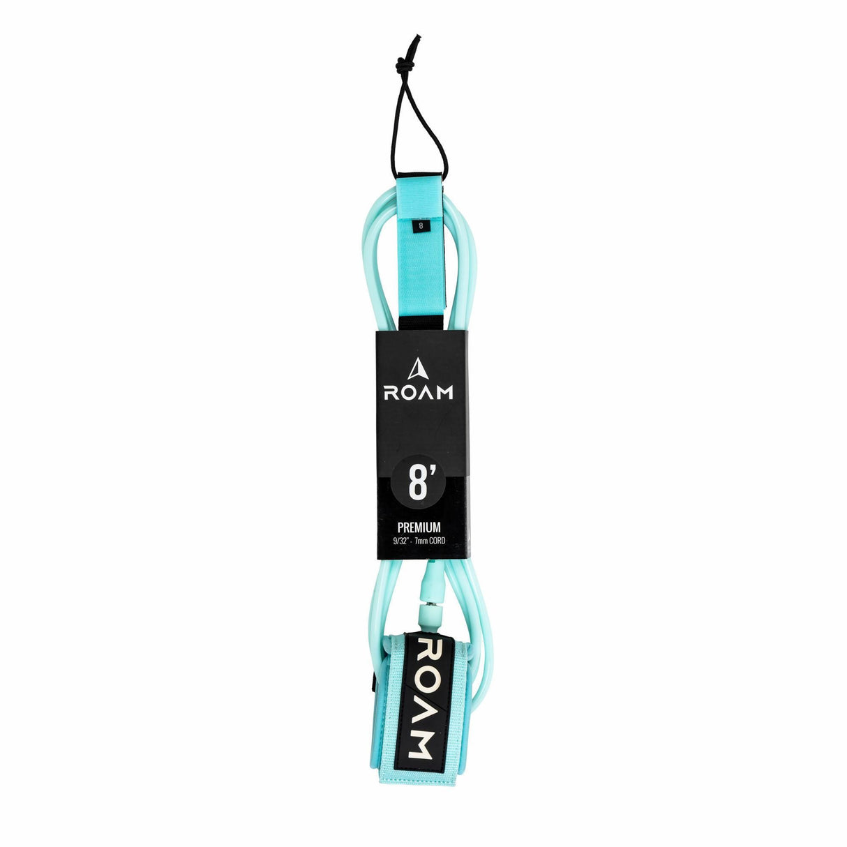 Roam Surfboard Leash Premium 8 Fuß in Türkis mit schwarzem Cuff, Frontalansicht gegen weißen Hintergrund
