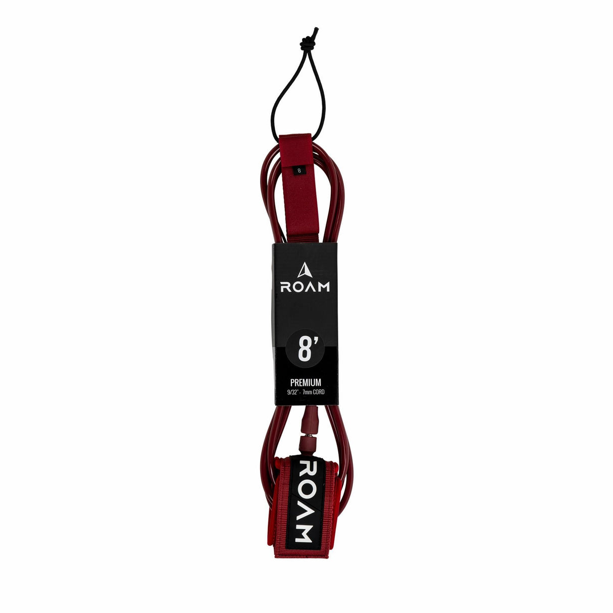 Roam Surfboard Leash Premium 8 Fuß, Burgunderrot und Schwarz, Vollansicht mit Manschetten und Branding-Label