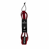 Roam Surfboard Leash Premium 8 Fuß, Burgunderrot und Schwarz, Vollansicht mit Manschetten und Branding-Label