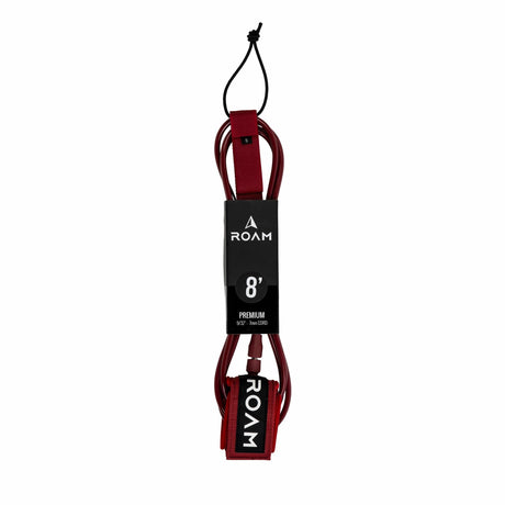 Roam Surfboard Leash Premium 8 Fuß, Burgunderrot und Schwarz, Vollansicht mit Manschetten und Branding-Label
