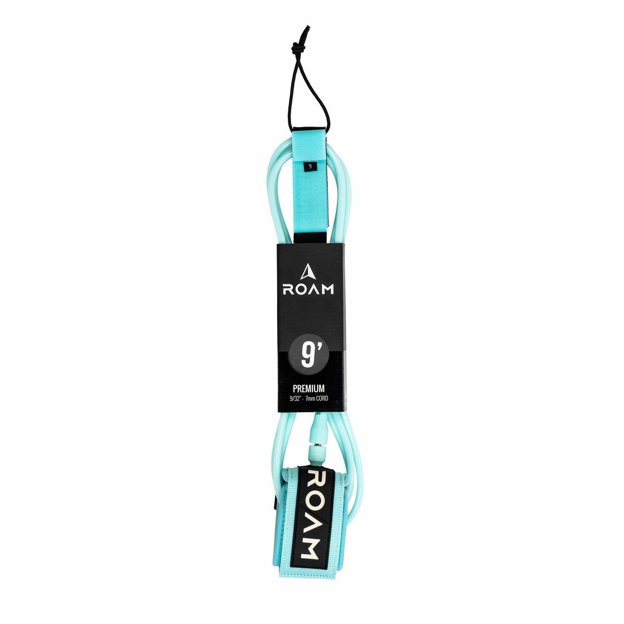 Roam Surfboard Leash Premium 9 Fuß in Türkis mit schwarzer Wicklung, Frontalansicht