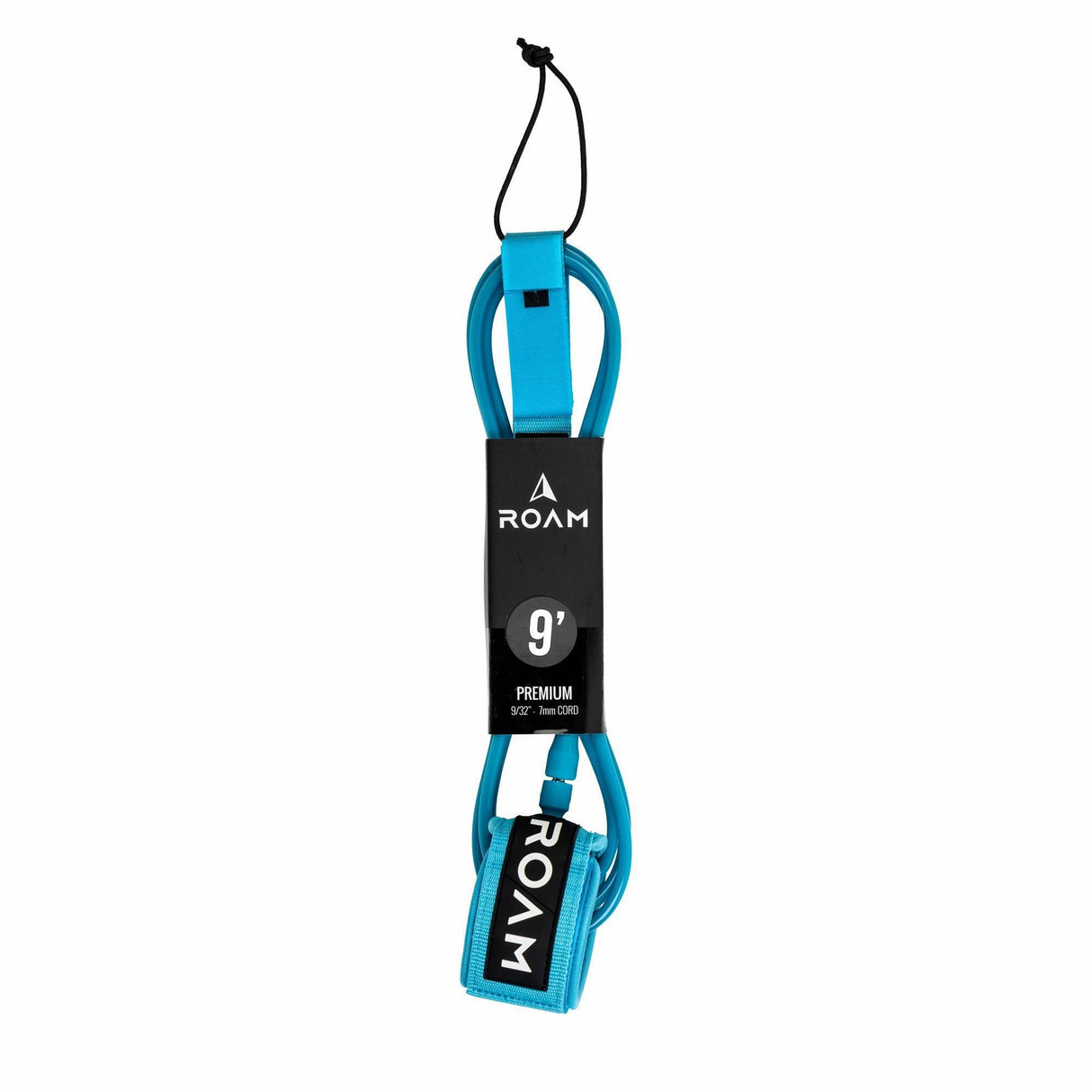 Roam Surfboard Leash Premium 9 Zoll, blau-schwarzes Neopren-Leash mit Befestigungsschlaufen, vollständige Ansicht