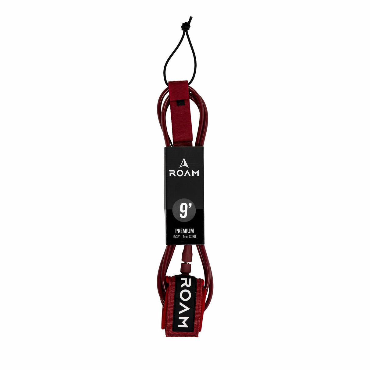 Roam Surfboard Leash Premium 9' in Burgunderrot mit schwarzem Label, Frontalansicht