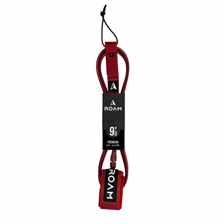 Roam Surfboard Leash Premium Knie in Bordeaux und Schwarz mit Neopren-Manschette, Frontalansicht des Komplettsets