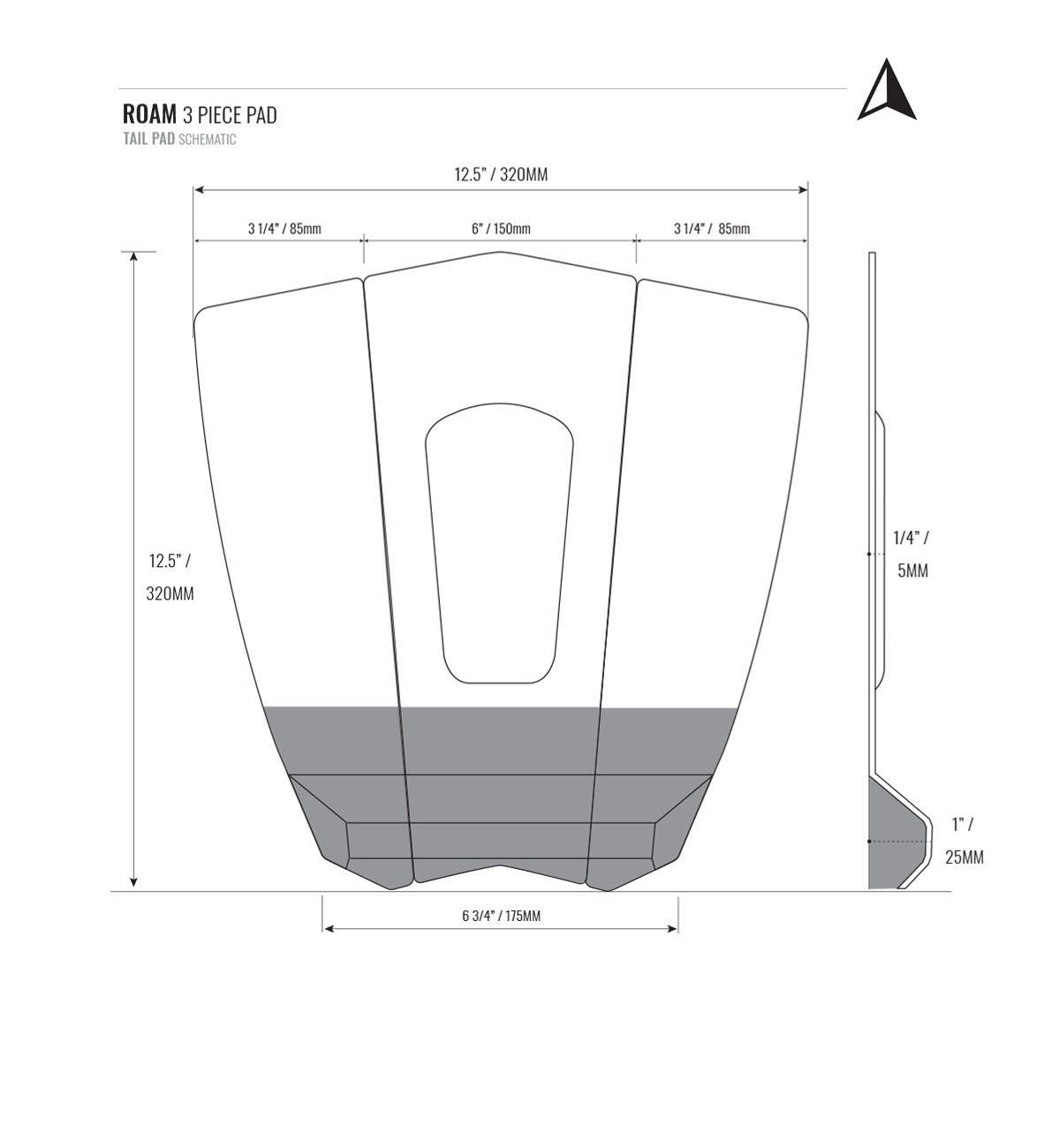 Roam Footpad Deck Grip Traction Pad 3-teilig mit Maßzeichnung, grauer Griffbelag, technische Draufsicht und Seitenansicht