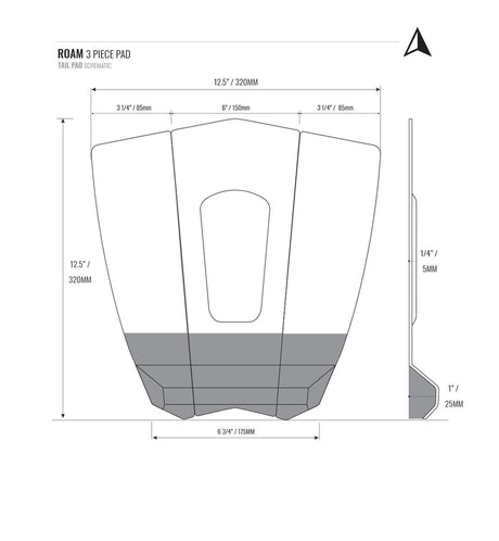 Roam Footpad Deck Grip Traction Pad 3-teilig mit Maßzeichnung, grauer Griffbelag, technische Draufsicht und Seitenansicht