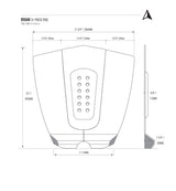 Roam Footpad Deck Grip 3-teilig mit Löchern, technische Zeichnung mit Maßen, Draufsicht und Seitenansicht