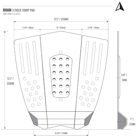 Roam 3er Comp Pad Fußpad Griffbelag Draufsicht und Seitenansicht mit Abmessungen und Griffmuster