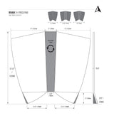 Roam Footpad Deck Grip Traction Pad 2+1, graue strukturierte Griffmatte mit Maßzeichnung und Größenvergleich
