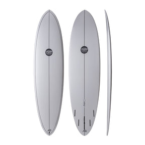 NSP 2026 Speed Line Surfboard weiß, drei Ansichten, Draufsicht und Seitenprofil
