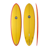 NSP 2026 Speed Line Surfboard gelb mit roter Kante, Draufsicht und Seitenansicht