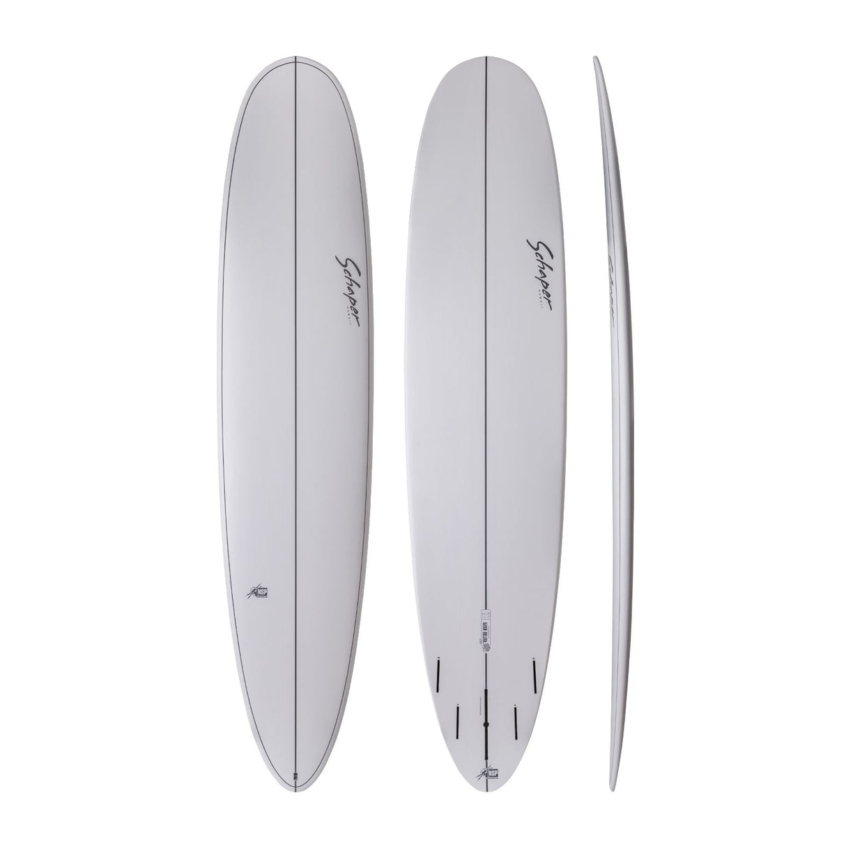 NSP 2026 Butter Knife Surfboard, grau, Draufsicht und Seitenansicht, Funboard mit gerundeter Nose