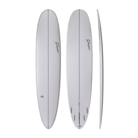 NSP 2026 Butter Knife Surfboard, grau, Draufsicht und Seitenansicht, Funboard mit gerundeter Nose