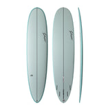 NSP 2026 Butter Knife Surfboard in hellem Graugrün, Draufsicht und Seitenansicht, Funboard mit abgerundeter Nose
