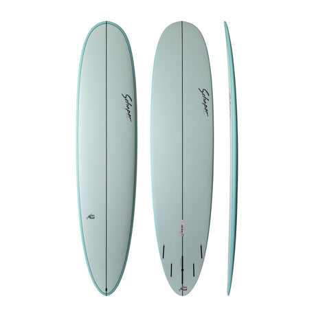 NSP 2026 Butter Knife Surfboard in hellem Graugrün, Draufsicht und Seitenansicht, Funboard mit abgerundeter Nose