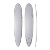 NSP 2026 Pro 9 Surfboard in Grau, Top- und Seitensicht, längliches Design mit Finnen