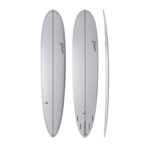 NSP 2026 Pro 9 Surfboard in Grau, Top- und Seitensicht, längliches Design mit Finnen