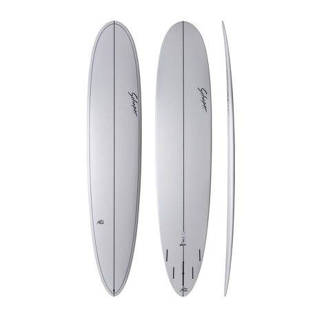 NSP 2026 Pro 9 Surfboard in Grau, Top- und Seitensicht, längliches Design mit Finnen