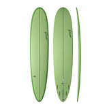 NSP 2026 Pro 9 Surfboard grün, Draufsicht und Seitenansicht, Funboard mit dunkelgrüner Kante