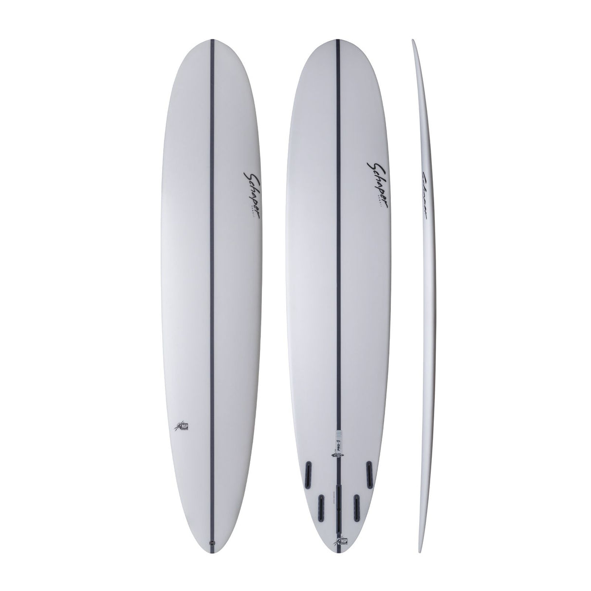 NSP 2026 Pro 9 Surfboard in Weiß, 360-Grad-Ansicht mit Deck-, Boden- und Seitenansicht