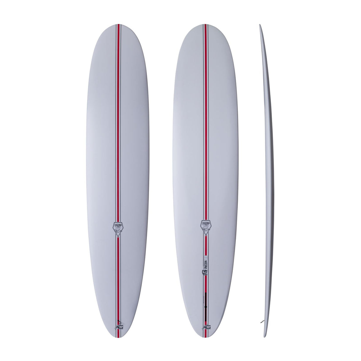 NSP 2026 Unicorn Surfboard, hellgrau mit roter Mittellinie, Draufsicht und Seitenansicht