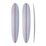 NSP 2026 Unicorn Surfboard, hellgrau mit roter Mittellinie, Draufsicht und Seitenansicht