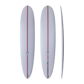 NSP 2026 Unicorn Surfboard, hellgrau mit roter Mittellinie, Draufsicht und Seitenansicht