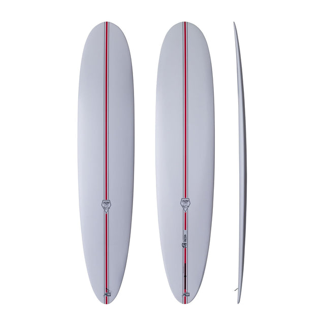 NSP 2026 Unicorn Surfboard, hellgrau mit roter Mittellinie, Draufsicht und Seitenansicht