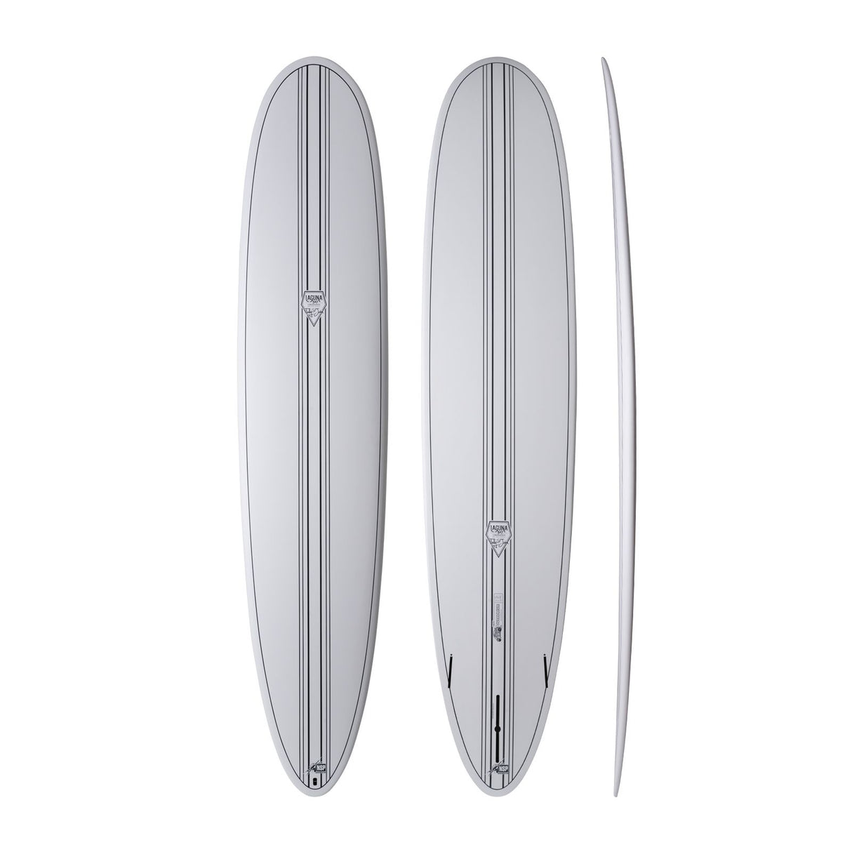 NSP 2026 Overdrive Surfboard grau, drei Ansichten, Draufsicht und Seitenprofil