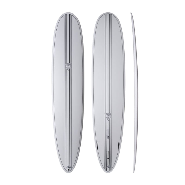 NSP 2026 Overdrive Surfboard grau, drei Ansichten, Draufsicht und Seitenprofil