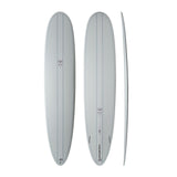 NSP 2026 Overdrive Surfboard in Grau, drei Ansichten von oben und Seitenprofil