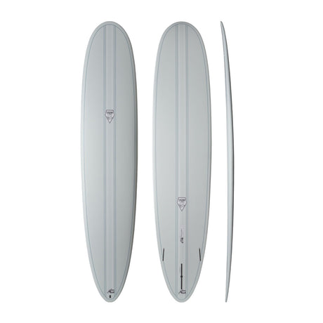 NSP 2026 Overdrive Surfboard in Grau, drei Ansichten von oben und Seitenprofil