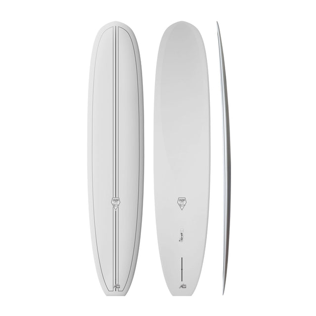 NSP 2026 Sleep Walker Surfboard weiß, Draufsicht und Seitenansicht, längliches Design mit abgerundeter Spitze