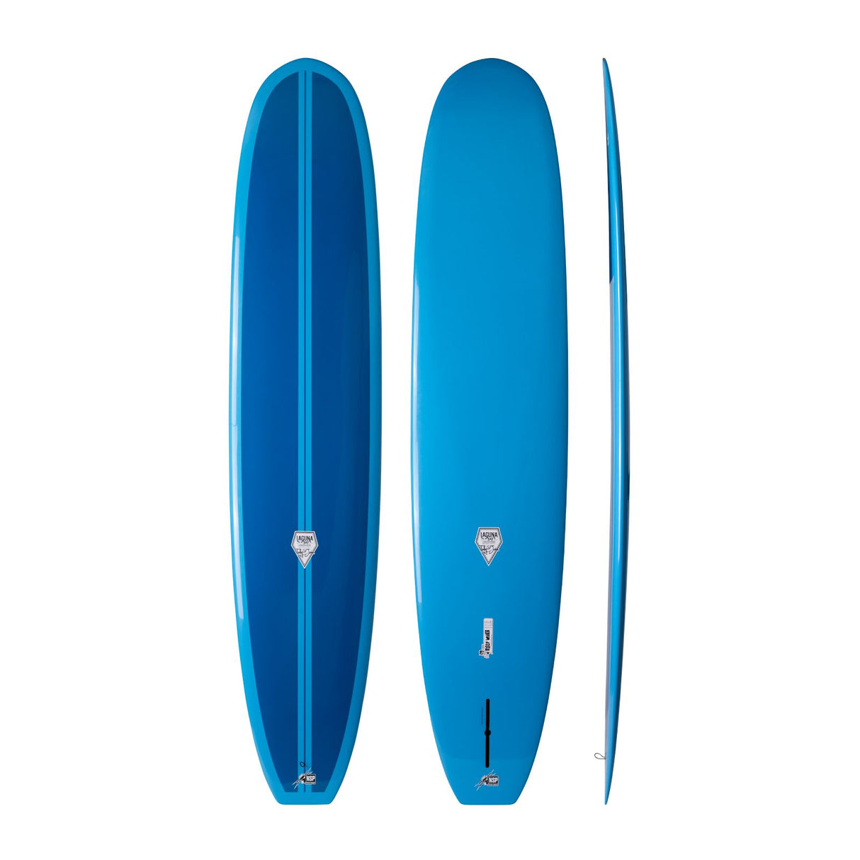 NSP 2026 Sleep Walker Surfboard in Blau, Draufsicht und Seitenansicht, längliches Design mit abgerundeter Spitze