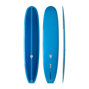 NSP 2026 Sleep Walker Surfboard in Blau, Draufsicht und Seitenansicht, längliches Design mit abgerundeter Spitze