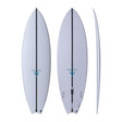 NSP 2026 Volume Fish Surfboard in Weiß, Draufsicht und Seitenansicht, Fish-Form mit schwarzem Streifen