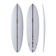 NSP 2026 Volume Midlength Surfboard, weiß, drei Ansichten: oben, unten und Seitenprofil